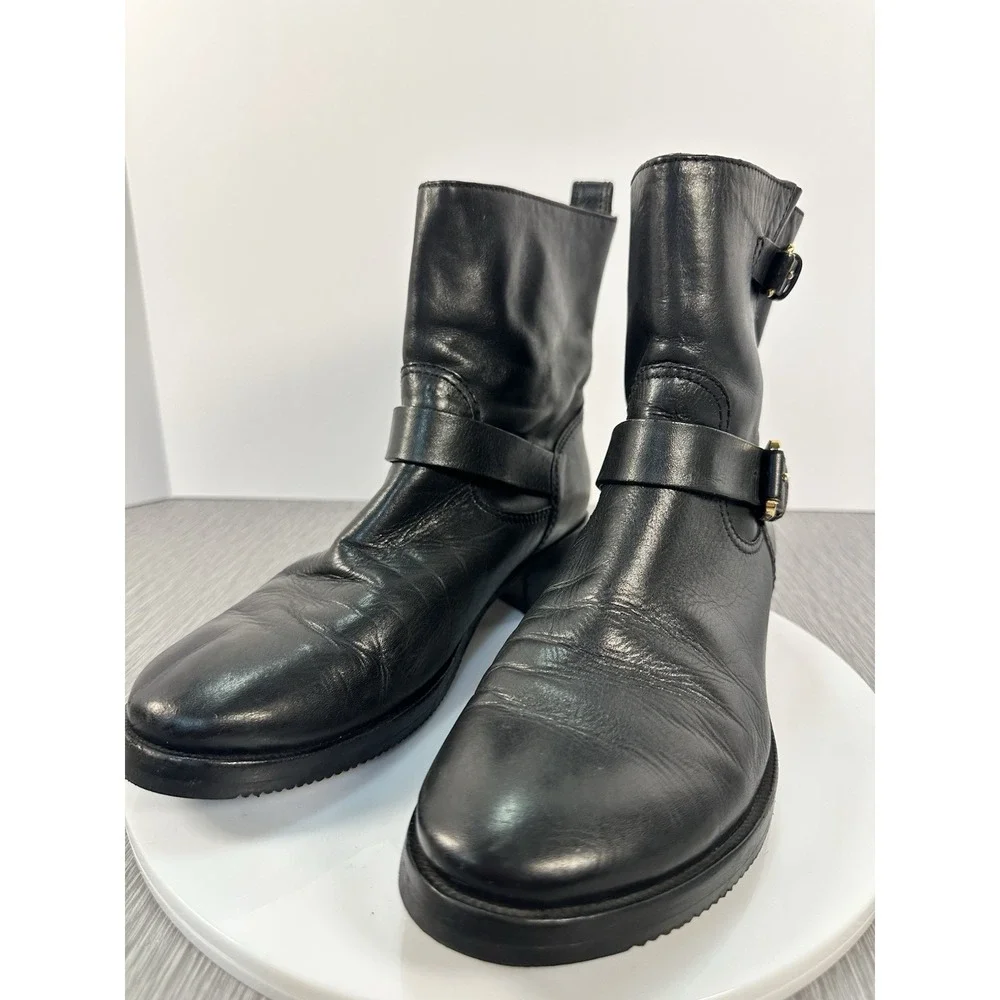 Tory Burch Bennie BLACK Leather Buckled Biker Ankle Boots size 9 Vibram‎ Soles
